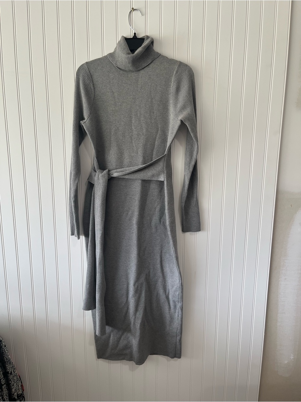 Turtleneck Tie-Waist Knit Midi Dress - Gray - Picture 7 of 9